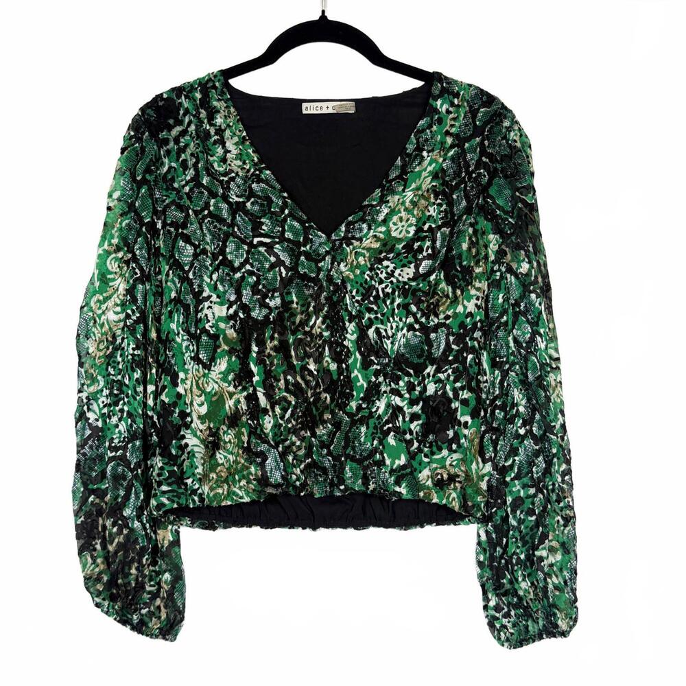 Alice‎ + Olivia Green Animal Print Devore Green Black Blouse Size XS